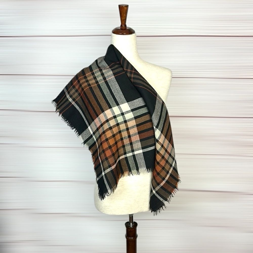 Tweedmill Wool Square Scarf Plaid Brown Burnt Orange Beige British Made 31x31”